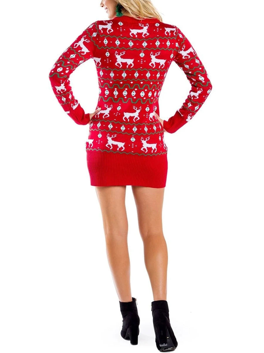 Long Sleeve Funny Christmas Print Shaping Knit Sweater Mini Dress