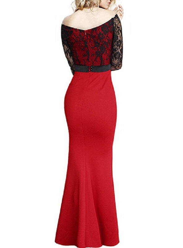 Long Sleeve Lace Bodice Overlay Maxi Dress
