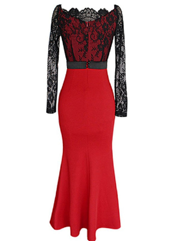 Long Sleeve Lace Bodice Overlay Maxi Dress