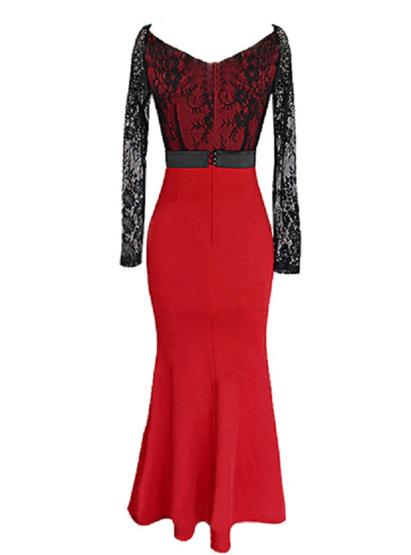 Long Sleeve Lace Bodice Overlay Maxi Dress