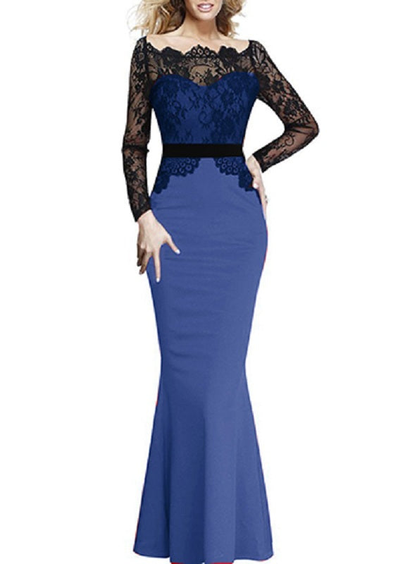 Long Sleeve Lace Bodice Overlay Maxi Dress