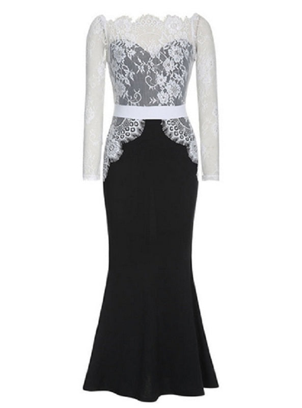 Long Sleeve Lace Bodice Overlay Maxi Dress