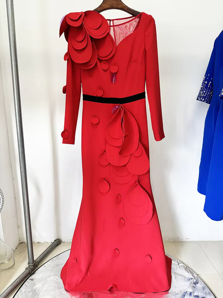Elegant Pullover Long Sleeve Petal Appliques Formal Maxi Dress