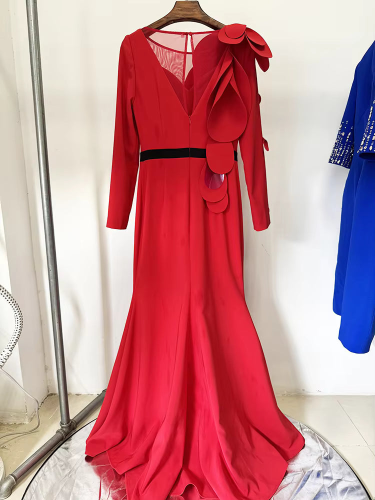 Elegant Pullover Long Sleeve Petal Appliques Formal Maxi Dress