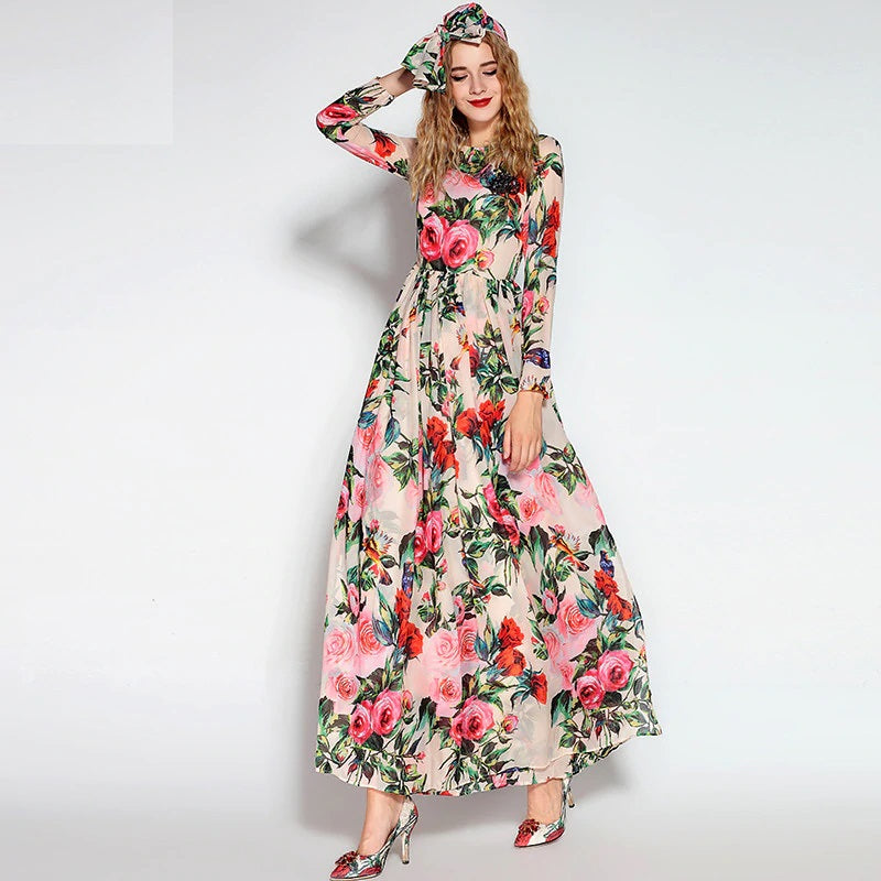 Long Sleeve Sequined Beading Rose Floral Bird Printed Long Dress