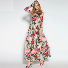 Long Sleeve Sequined Beading Rose Floral Bird Printed Long Dress