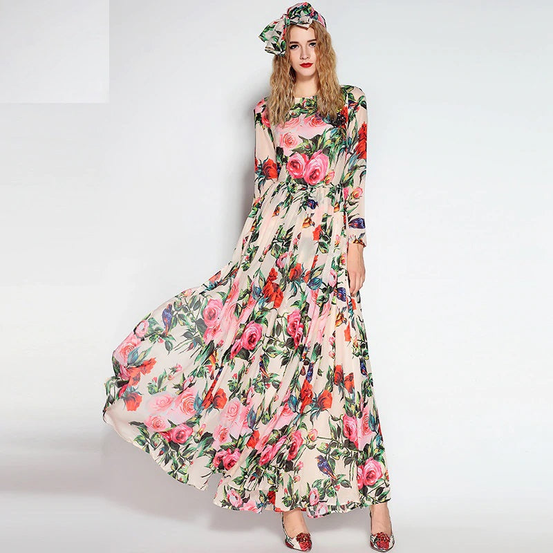 Long Sleeve Sequined Beading Rose Floral Bird Printed Long Dress