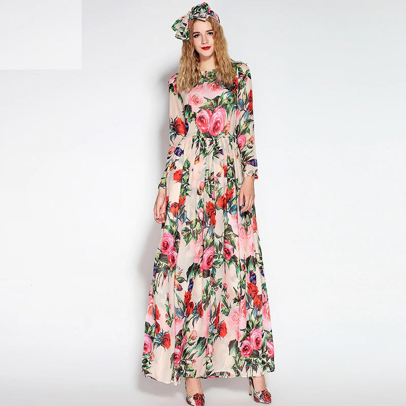 Long Sleeve Sequined Beading Rose Floral Bird Printed Long Dress