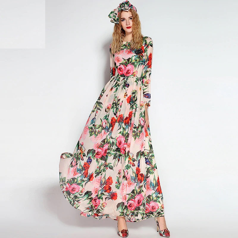 Long Sleeve Sequined Beading Rose Floral Bird Printed Long Dress