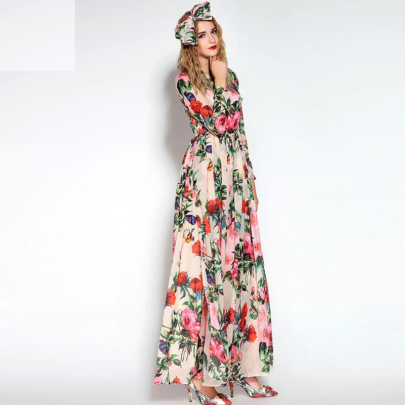 Long Sleeve Sequined Beading Rose Floral Bird Printed Long Dress