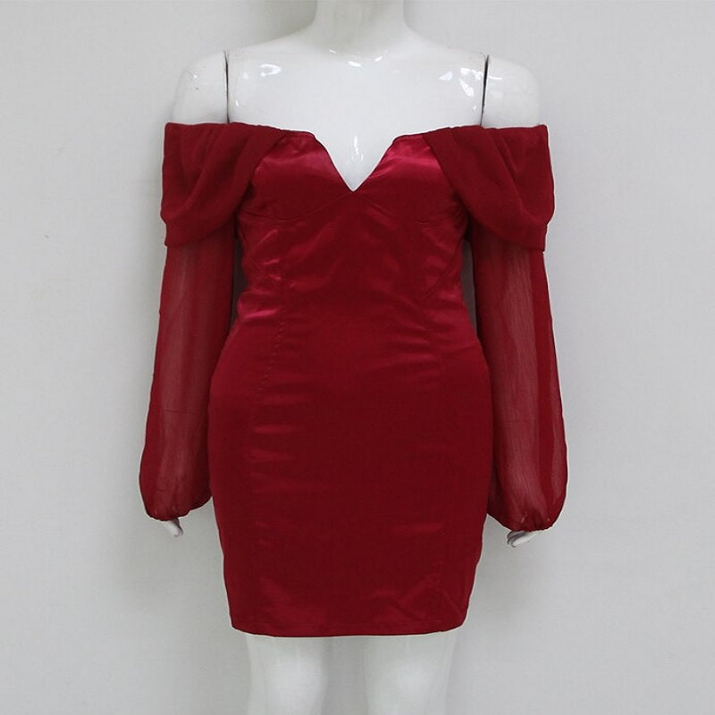 Lace Slash Neck Long Sleeve Off Shoulder Mini Party Club Dress