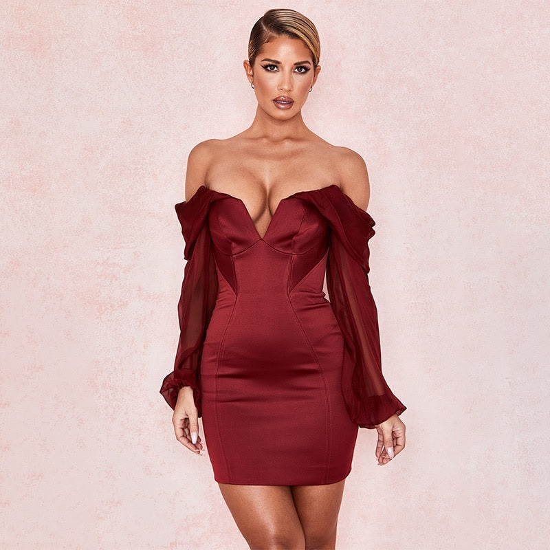 Lace Slash Neck Long Sleeve Off Shoulder Mini Party Club Dress