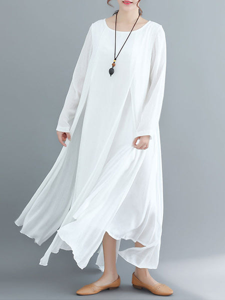 Long Sleeve Shift Round Neck Pockets Split Maxi Dress