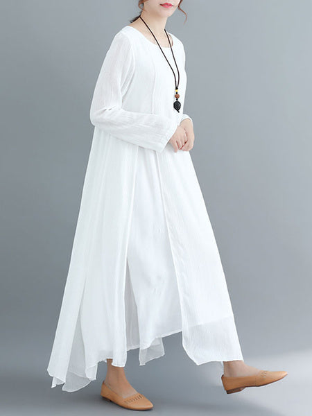 Long Sleeve Shift Round Neck Pockets Split Maxi Dress