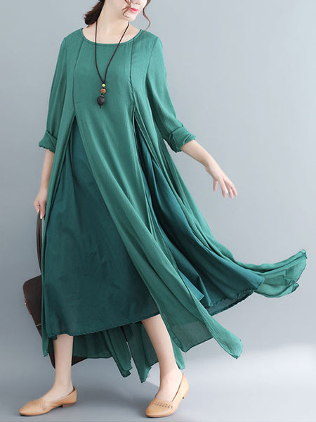 Long Sleeve Shift Round Neck Pockets Split Maxi Dress