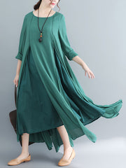 Long Sleeve Shift Round Neck Pockets Split Maxi Dress