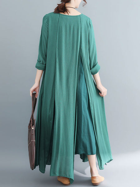 Long Sleeve Shift Round Neck Pockets Split Maxi Dress