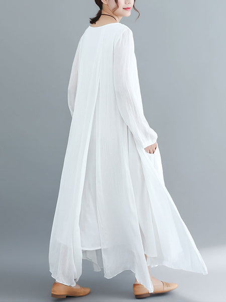 Long Sleeve Shift Round Neck Pockets Split Maxi Dress