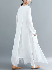 Long Sleeve Shift Round Neck Pockets Split Maxi Dress