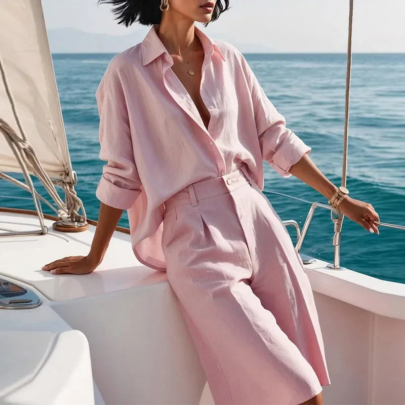 Casual Long Sleeve Turn-Down Collar Button Short Pants Solid Lady Sets