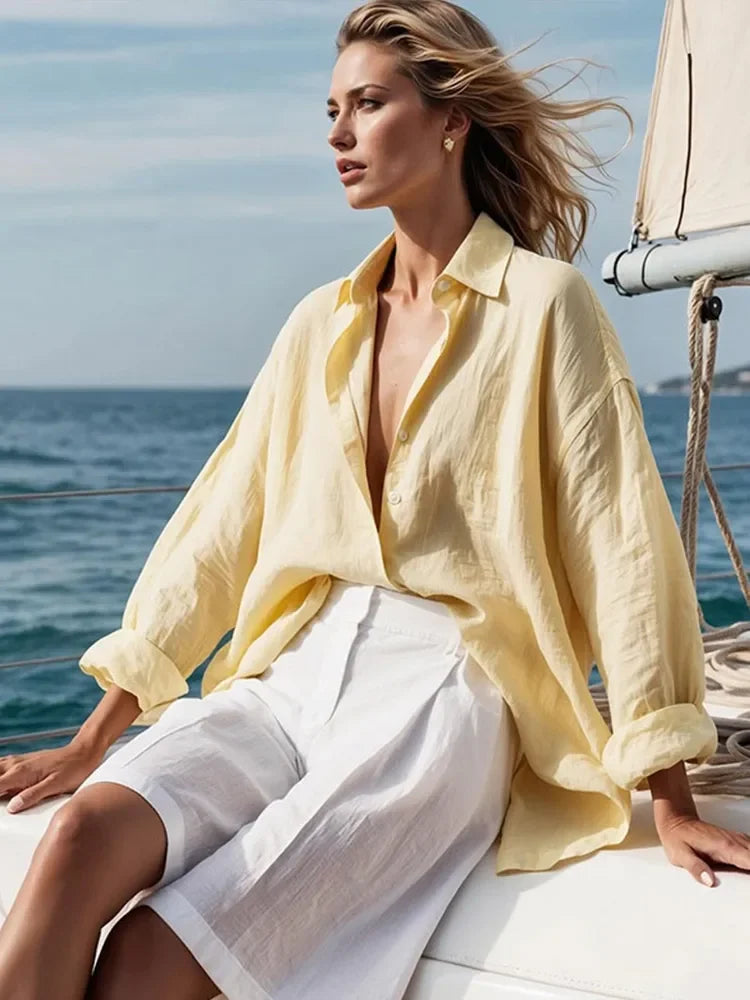 Casual Long Sleeve Turn-Down Collar Button Short Pants Solid Lady Sets
