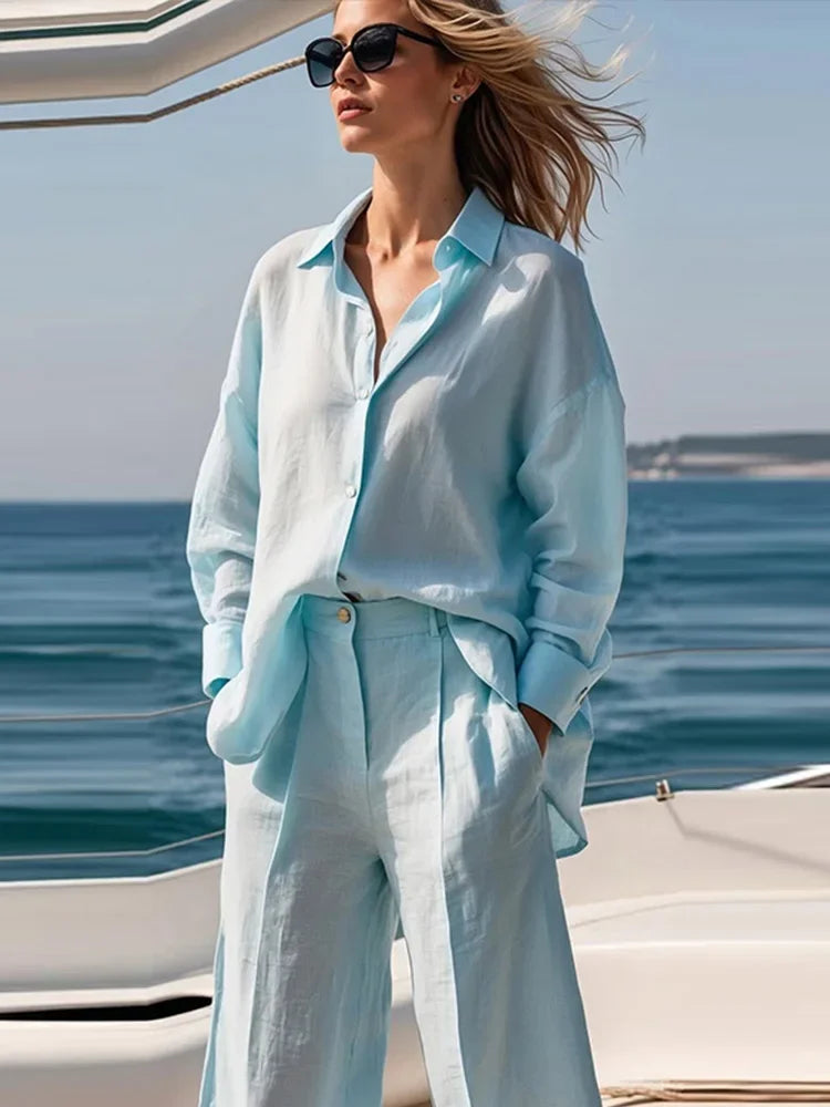 Casual Long Sleeve Turn-Down Collar Button Short Pants Solid Lady Sets