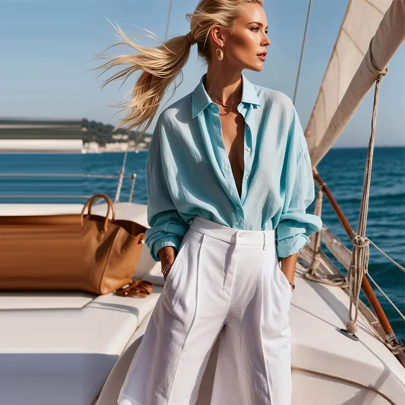 Casual Long Sleeve Turn-Down Collar Button Short Pants Solid Lady Sets