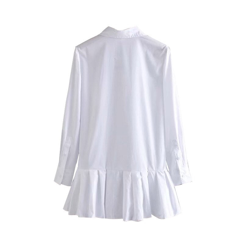 Long Sleeve Turn Down Collar Pleated Mini Dress