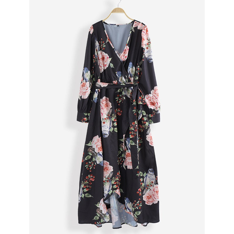 Long Sleeve V-neck Floral Print Belted Maxi Dress