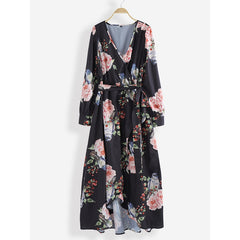 Long Sleeve V-neck Floral Print Belted Maxi Dress