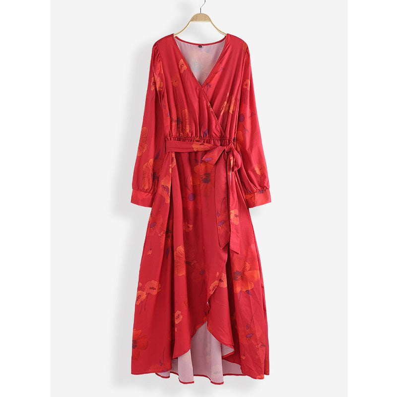 Long Sleeve V-neck Floral Print Belted Maxi Dress