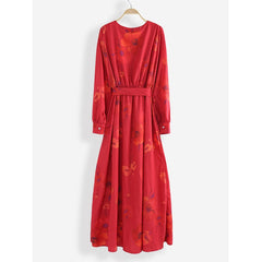 Long Sleeve V-neck Floral Print Belted Maxi Dress