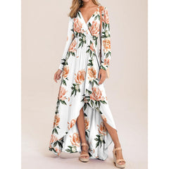 Long Sleeve V-neck Floral Print Belted Maxi Dress