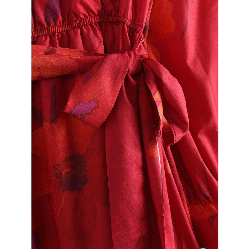 Long Sleeve V-neck Floral Print Belted Maxi Dress