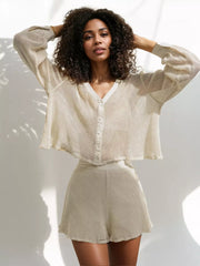 Casual Long Sleeve V-neck Top And Shorts Knitted Two-Piece Set
