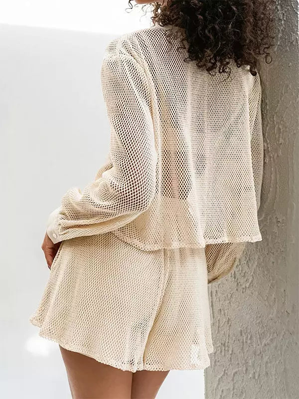Casual Long Sleeve V-neck Top And Shorts Knitted Two-Piece Set