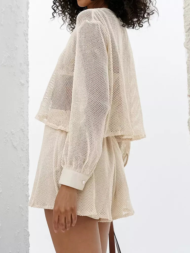 Casual Long Sleeve V-neck Top And Shorts Knitted Two-Piece Set