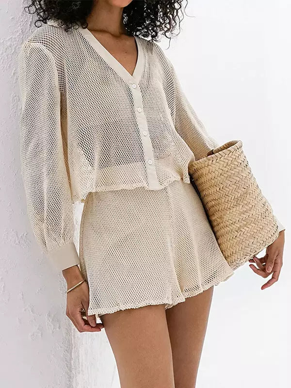 Casual Long Sleeve V-neck Top And Shorts Knitted Two-Piece Set
