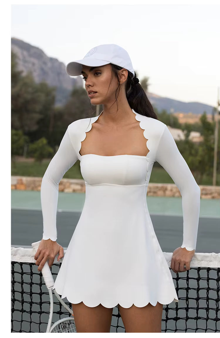 Long Sleeve Wave Lace Breathable Quick-Drying One-Piece Mini Dress