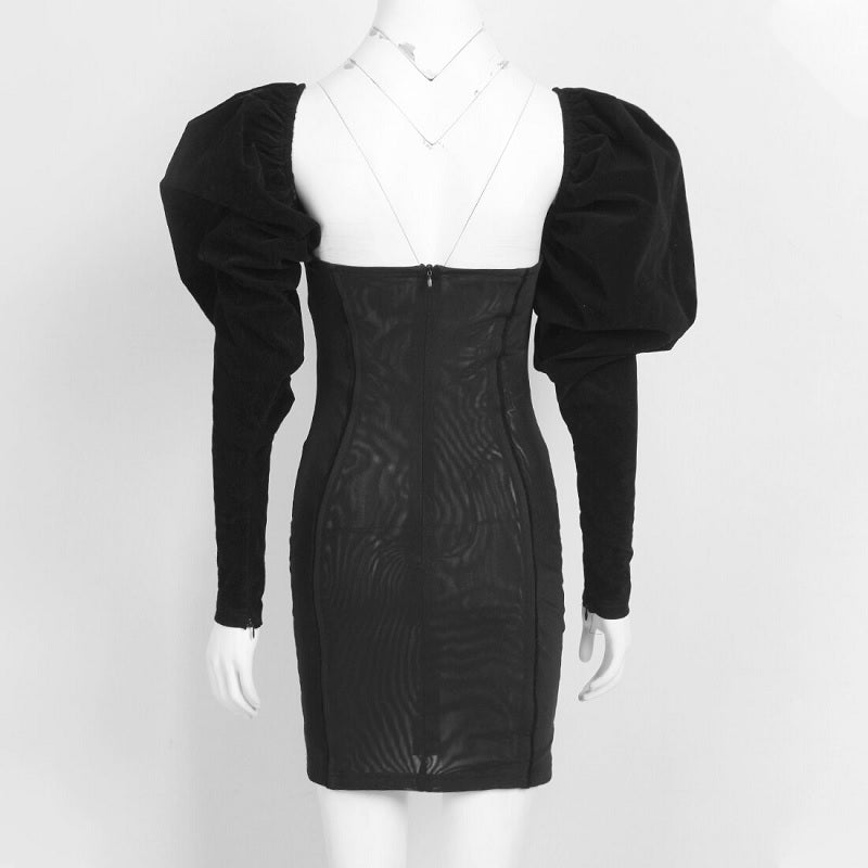 Long Lantern Sleeve Wave Shape Slash Neck Velvet Mini Dress
