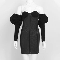 Long Lantern Sleeve Wave Shape Slash Neck Velvet Mini Dress