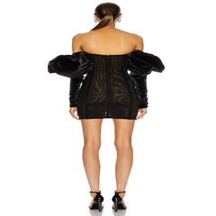 Long Lantern Sleeve Wave Shape Slash Neck Velvet Mini Dress