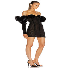 Long Lantern Sleeve Wave Shape Slash Neck Velvet Mini Dress