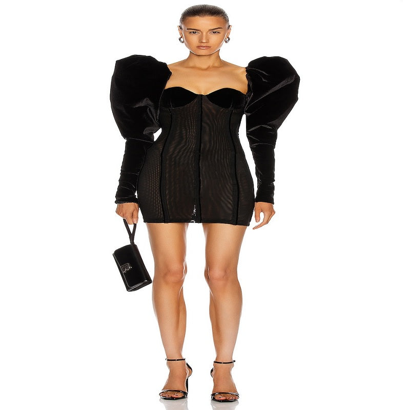 Long Lantern Sleeve Wave Shape Slash Neck Velvet Mini Dress