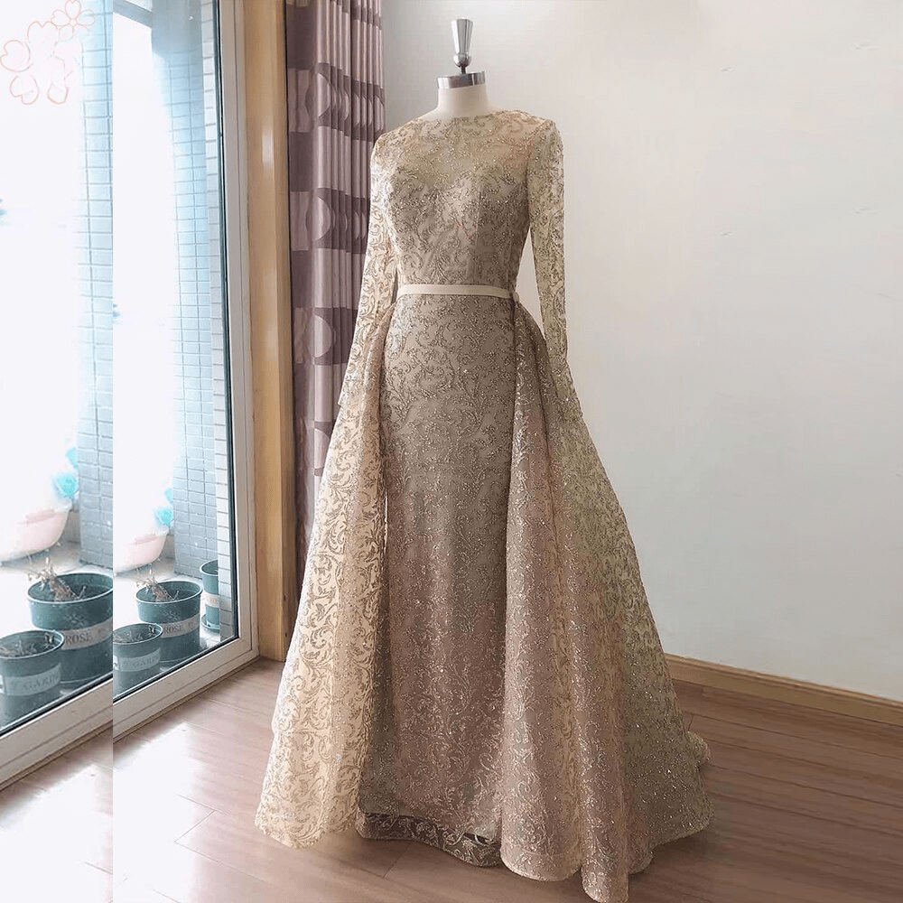 Long Sleeves Sequin Glitter Detachable Evening Night Party Dress