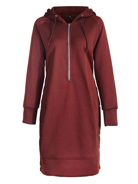 Long Sleeves Buttons Polyester Split Hoodie Dress