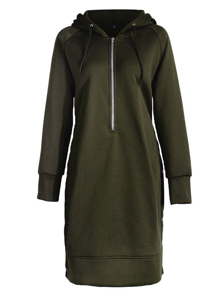 Long Sleeves Buttons Polyester Split Hoodie Dress