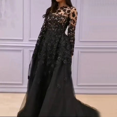 Long Sleeves Crystal Evening Flowers Formal Dress
