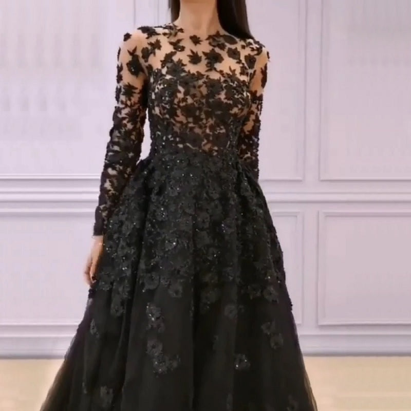 Long Sleeves Crystal Evening Flowers Formal Dress