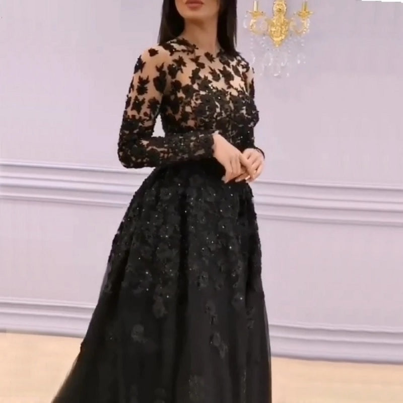 Long Sleeves Crystal Evening Flowers Formal Dress
